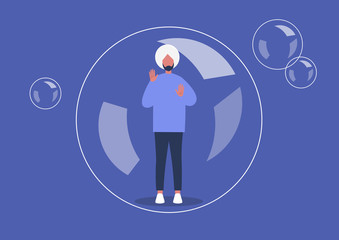 Social distancing, coronavirus quarantine, young indian male character placed in a soap bubble