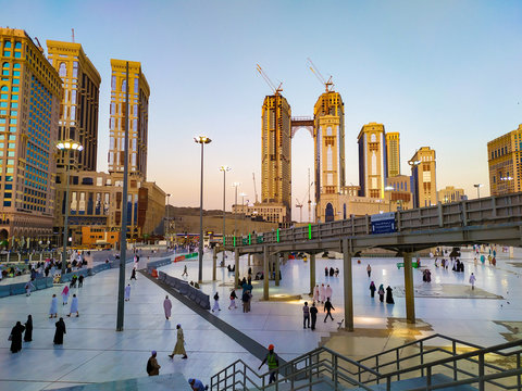 Mecca, Saudi Arabia - CIRCA Feb 2020: Moslem pilgrimages are doing hajj to the Great Mosque of Mecca, in Mecca, Saudi Arabia.