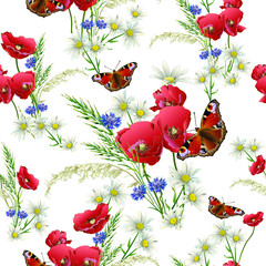Red poppies, butterflies and field grass on a white background. Easy summer composition. Colorful stylish floral. Template for the design of print, fabric, wallpaper and box.