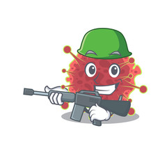 A cartoon picture of coronaviridae in Army style with machine gun