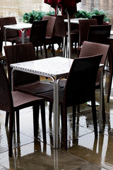 Deserted outdoor restaurant tables following the government closedown to fight the spread of the Coronavirus COVID 19 pandemic