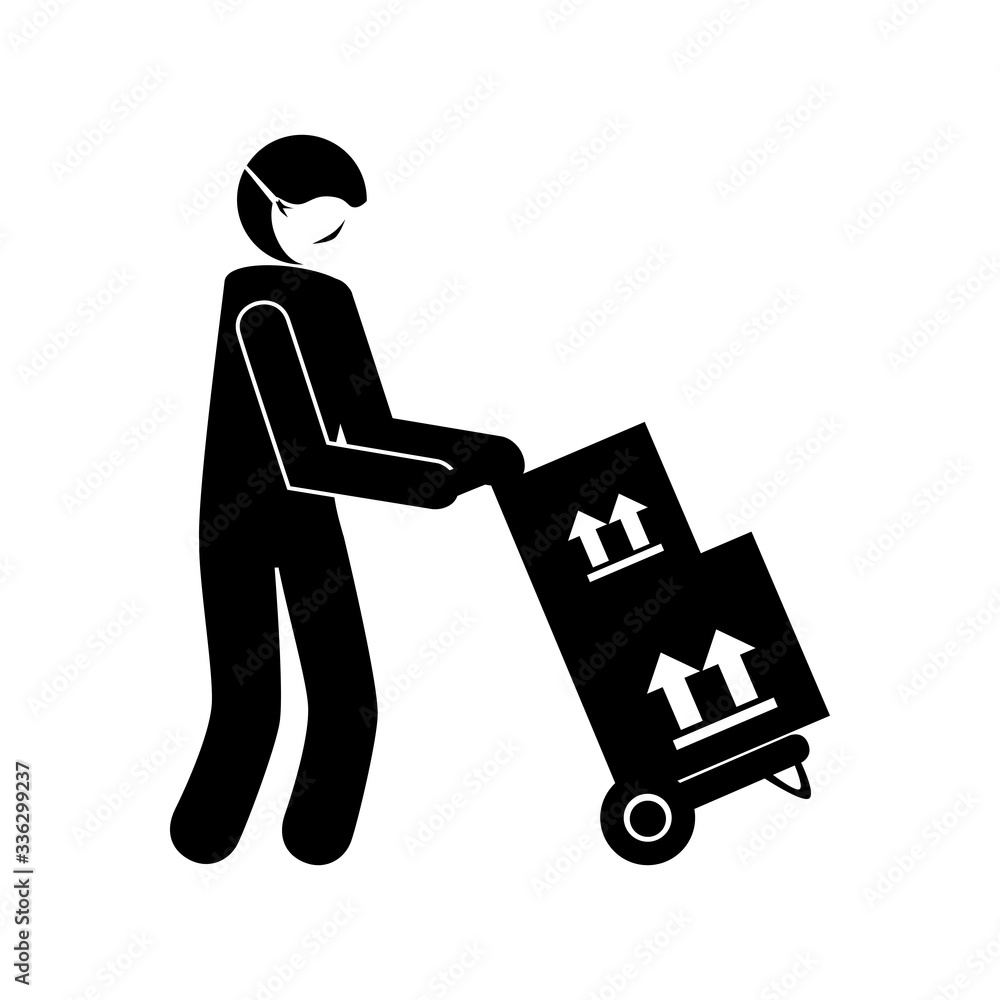 Poster silhouette of delivery worker using face mask with boxes carton vector illustration design