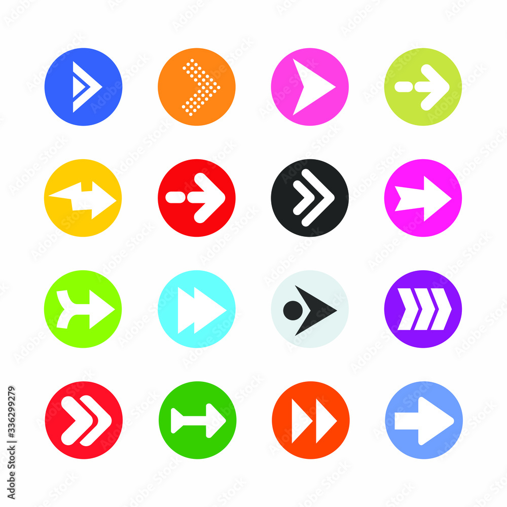 Poster arrow sign icon set. simple circle shape internet button on gray background. contemporary modern sty