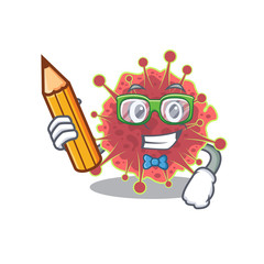 A brainy student coronaviridae cartoon character with pencil and glasses
