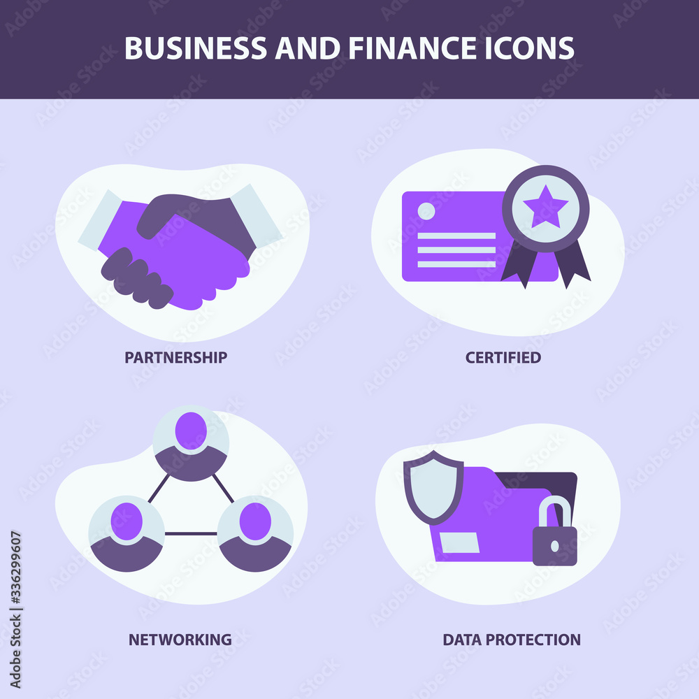 Poster business set collection with 4 objects icon with modern flat style fluid background shape and purple