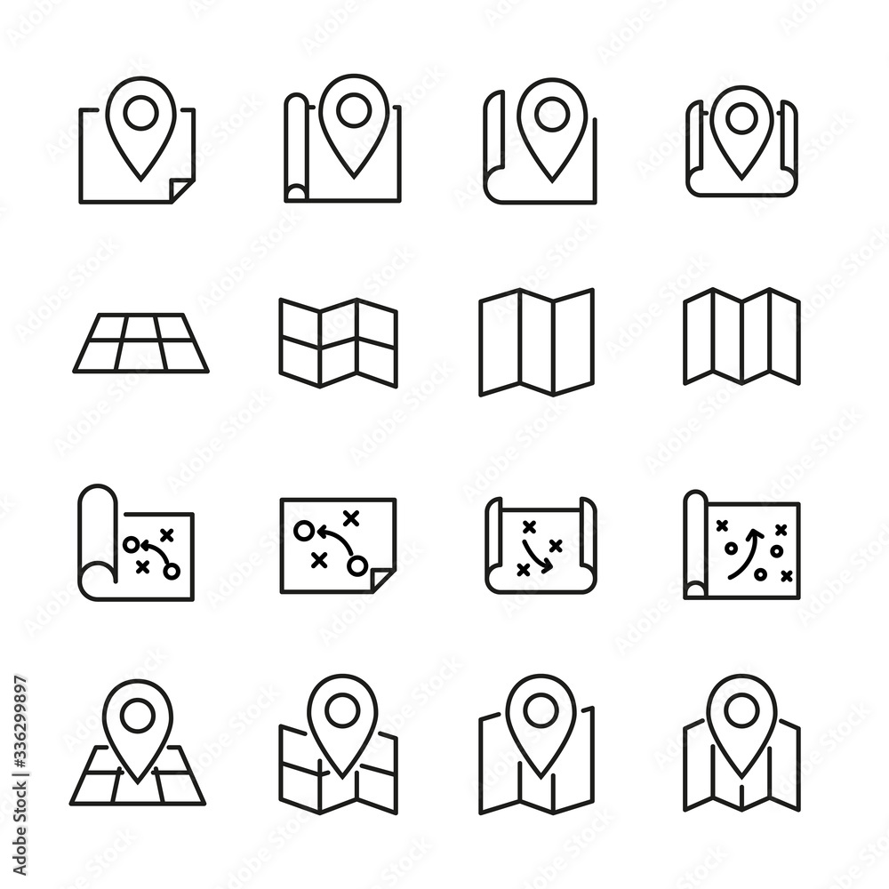 Poster set of map related vector line icons.