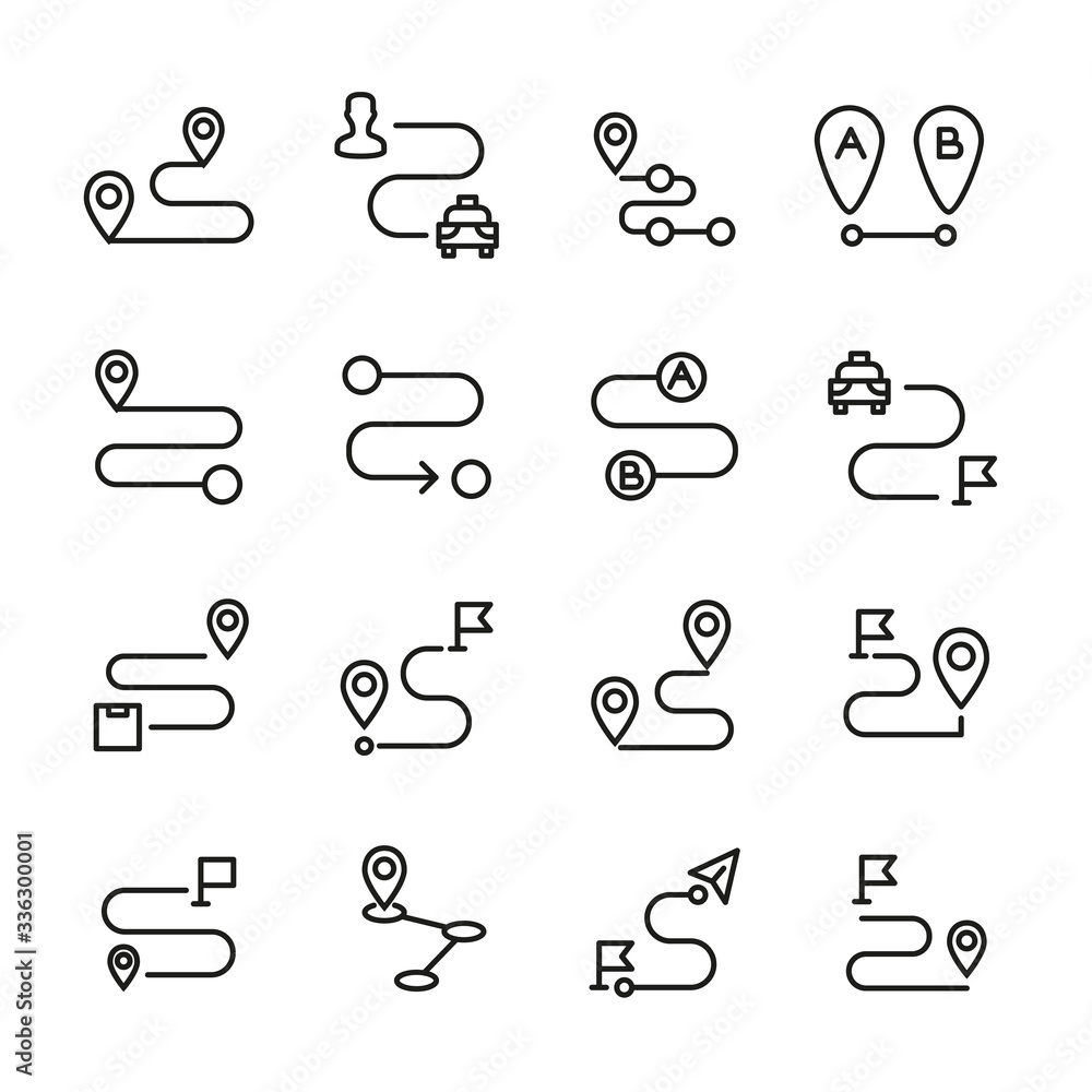 Poster set of route related vector line icons.