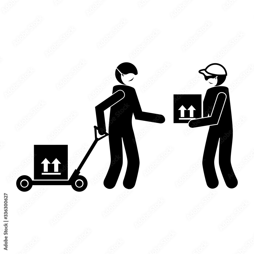 Poster silhouette of delivery workers using face mask with boxes vector illustration design