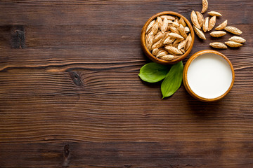 Obraz na płótnie Canvas Alternative milk made from almond. Drink near unpeeled on dark wooden table top-down copy space
