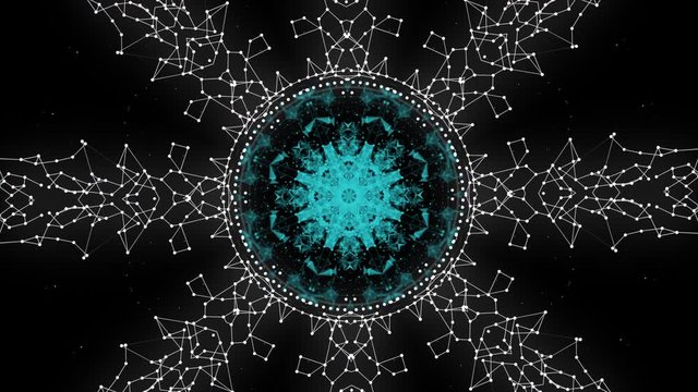 Gateway into another world with flickering polydons inside and white plexus grid wireframe over black background.