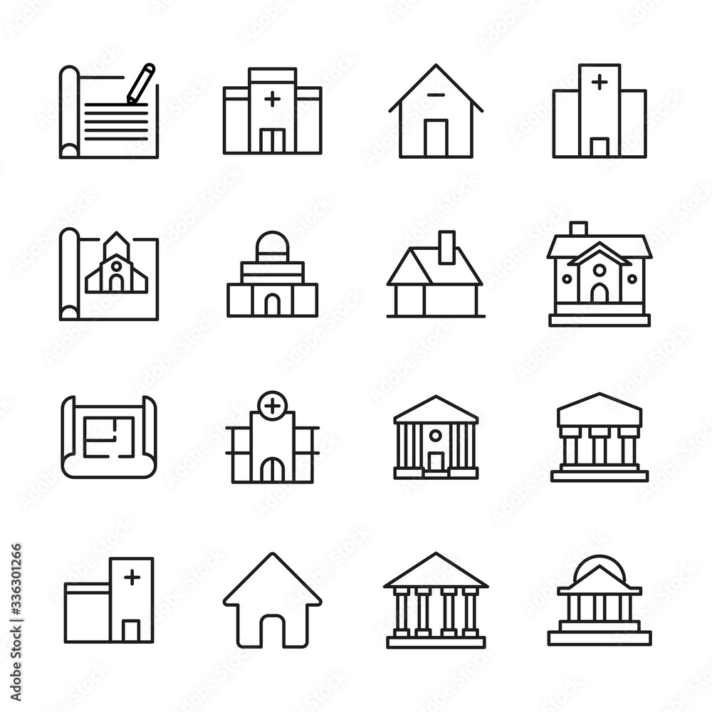Poster big set of architecture line icons.