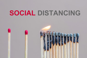matchsticks burning and gap distance showing preventative containing coronavirus pandemic with copy space for text. Stay at home, Quarantines and Social Distancing concept