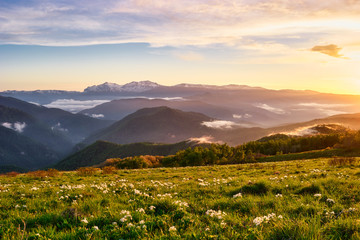 Mountain valley during bright sunrise. Beautiful natural landscape. Adygea, do-do-gush. Beautiful natural landscape.