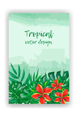 Tropical flowers, leaves, paint splashes. Exotic botany for decorating banners, cards, labels, covers, flyers, cosmetics. Isolated vector illustration on a green background.