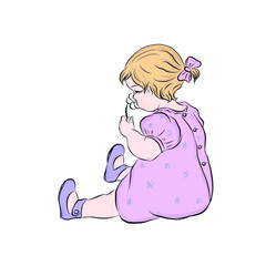 Cute baby smelling a flower. Vintage newborn. Girl sits with a back in a lilac dress. Blonde with a bow on her head. Hand drawn clip art. 