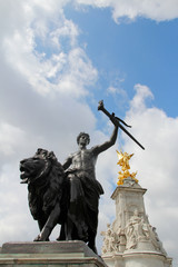 Progress, one of four bronze statues around the Victoria Memorial in front of Buckingham Palace in...