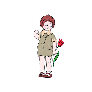 Little boy holds tulip. Drawing for design of greeting card happy mother's day, happy birthday or women's day. 