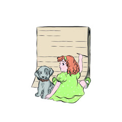 Girl draws on wooden board sitting on the floor with puppy. 