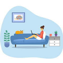 A woman working from home concept vector illustration in side view. Freelancer character working at home with laptop sitting in cozy sofa. Home office. Remote work.
