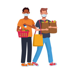interracial men using face masks in supermarket