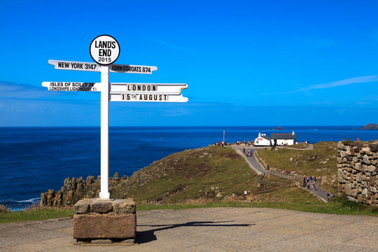 Land's End area (England), UK - August 16, 2015: Sign in The Land's End area, Cornwall, England, United Kingdom.