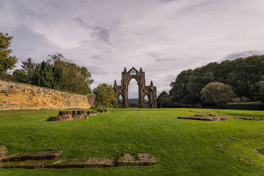 The landscape and architecture of the beautiful Gisborough Priory Ruins in North Yorkshire, England, UK