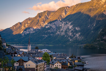 Looking down on the beautiful village of Hallstatt with the surrounding lake in Austria, Europe