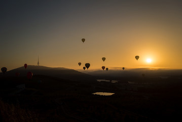 houette of hot air balloons at sunrise flying high above Canberra, Australia