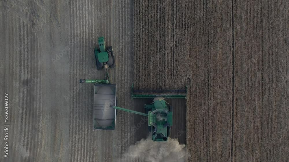 Poster top down drone view of combine harvester dumping grain into tractor and grain cart unit.