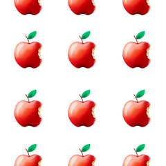 Big Red Apples Seamless Pattern on the White Background. Close Up Apple with Green Leaf.
