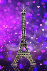 eiffel tower souvenir with purple bokeh shine  background and lights