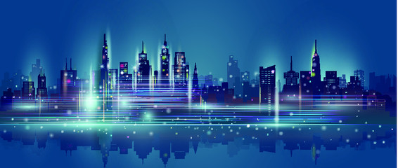 Technology neon in downtown skyscraper background, Modern cityscape skyline panorama view architecture futuristic, Vector illustration design network communication  in civilization city on dark blue.