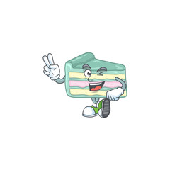 Cheerful vanilla slice cake mascot design with two fingers