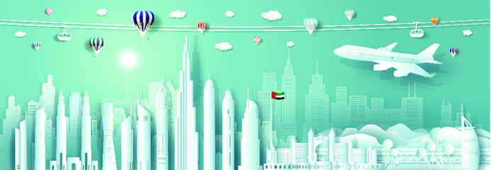 Travel to United Arab Emirates landmarks of asian with architecture cityscape background. Travelling UAE with modern building, skyline, skyscraper, Business brochure modern design.Vector illustration
