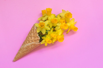 Waffle cone with daffodils. Minimal floral concept greeting card. 
Beautiful nature. Hello Spring! Flat lay, top view.