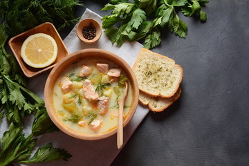 Creamy fish soup with salmon, potatoes, onions , carrots, dill and celery . Kalakeitto-traditional...