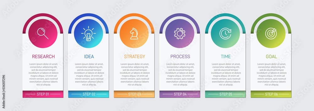 Poster concept of arrow business model with 6 successive isometric steps. six colorful graphic elements. ti