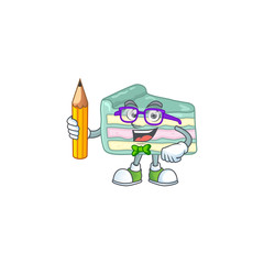 Vanilla slice cake student cartoon character studying with pencil