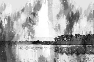 Pine trees forest and lake in monotone, digital painting illustration