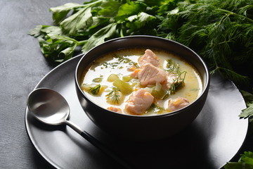 Creamy fish soup with salmon, potatoes, onions , carrots, dill and celery . Kalakeitto-traditional dish of the Finnish cuisine or Russian Ukha Fish Head Soup. Healthy Food Concept. Omega-3