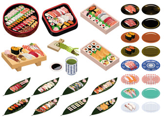 食べ物アイコン・イラスト【お寿司】②（にぎり寿司、江戸前寿司、助六寿司、回転すし）