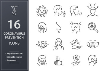 Coronavirus line icons set. Black vector illustration. Editable stroke.