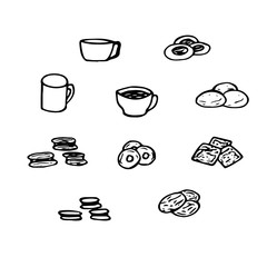 Set of drinks and snacks, coffee, tea and various cookies, vector illustration