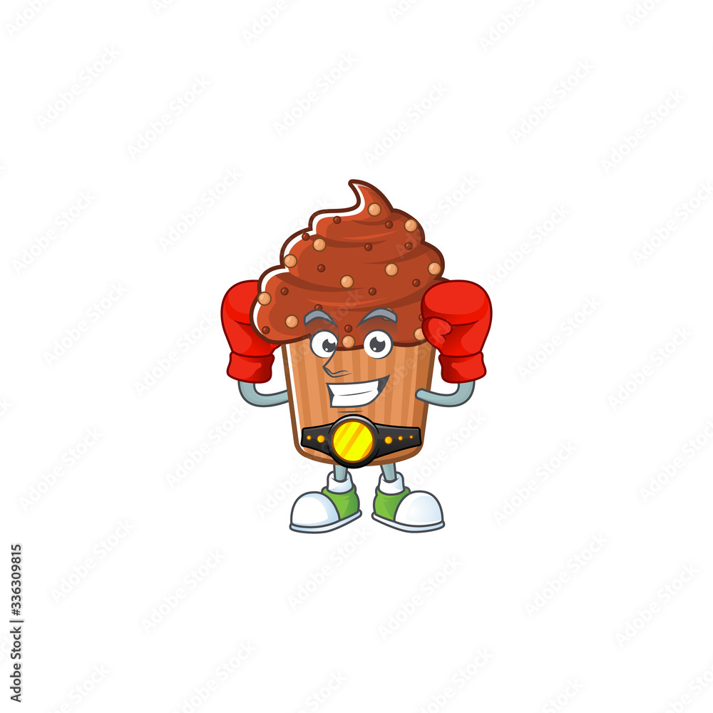 Wall mural A sporty chocolate cupcake boxing athlete cartoon mascot design style