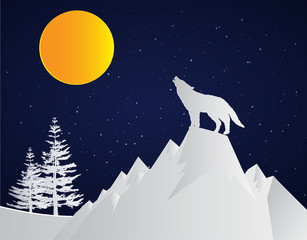 Obraz na płótnie Canvas wolf howling at moonlight, Vector illustration concept. paper art
