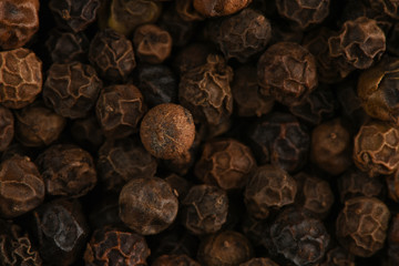 Black peppercorn super macro shot. Macro texture of black hot pepper. Macro spice background.