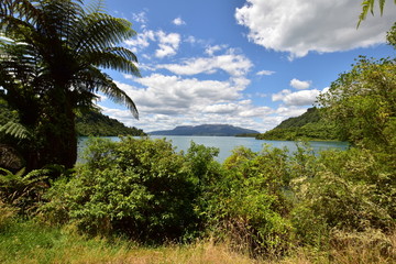 Fototapeta na wymiar Lake Tarawera with volcanic mountains in the background