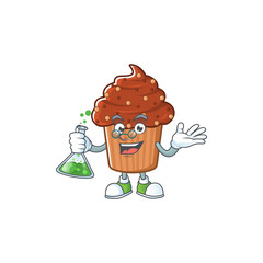 Chocolate cupcake genius Professor Cartoon character holding glass tube