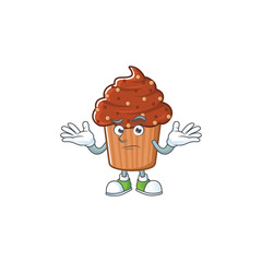 An image of chocolate cupcake in grinning mascot cartoon style