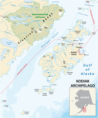Fototapeta premium vector map of Kodiak Archipelago belonging to the US state of Alaska